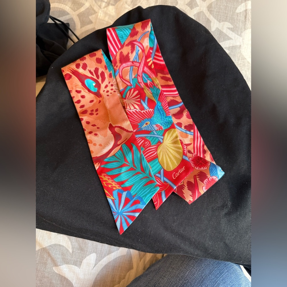 Authentic Cartier Multicolor Silk Scarf / Bandeau w/ Animal/ Floral print- EUC